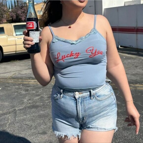 Virghoes Powder Blue Lacy Cami with red text printed Lucky You - Picture 4 of 13